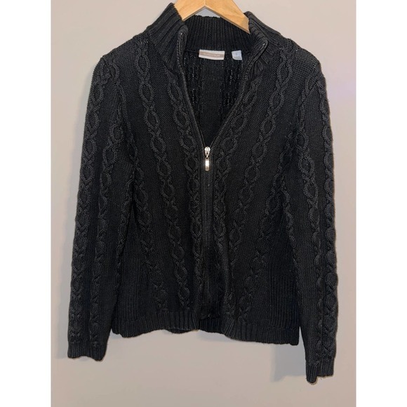 BLOOMINGDALES Black Full Zip Cable Knit Sweater - Size Small - Picture 2 of 5